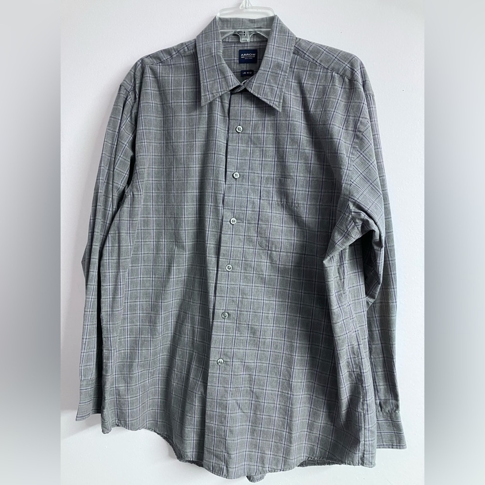 Wrinkle Free Long Sleeve Men’s Dress Shirt, L 16-16 1/2, Gray Plaid, by Arrow